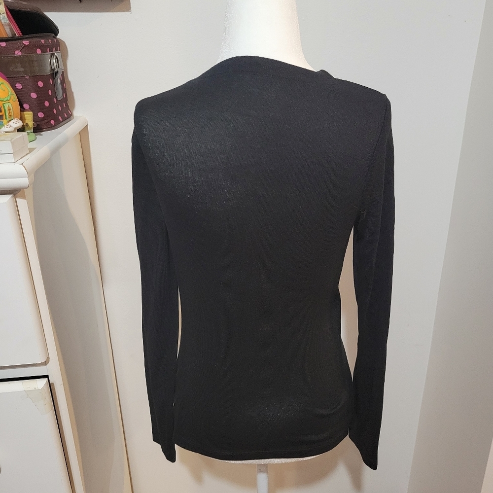 LOFT black Faux Wrap Long Sleeve V Neck Blouse Workwear Goth |sz SP - Picture 4 of 6